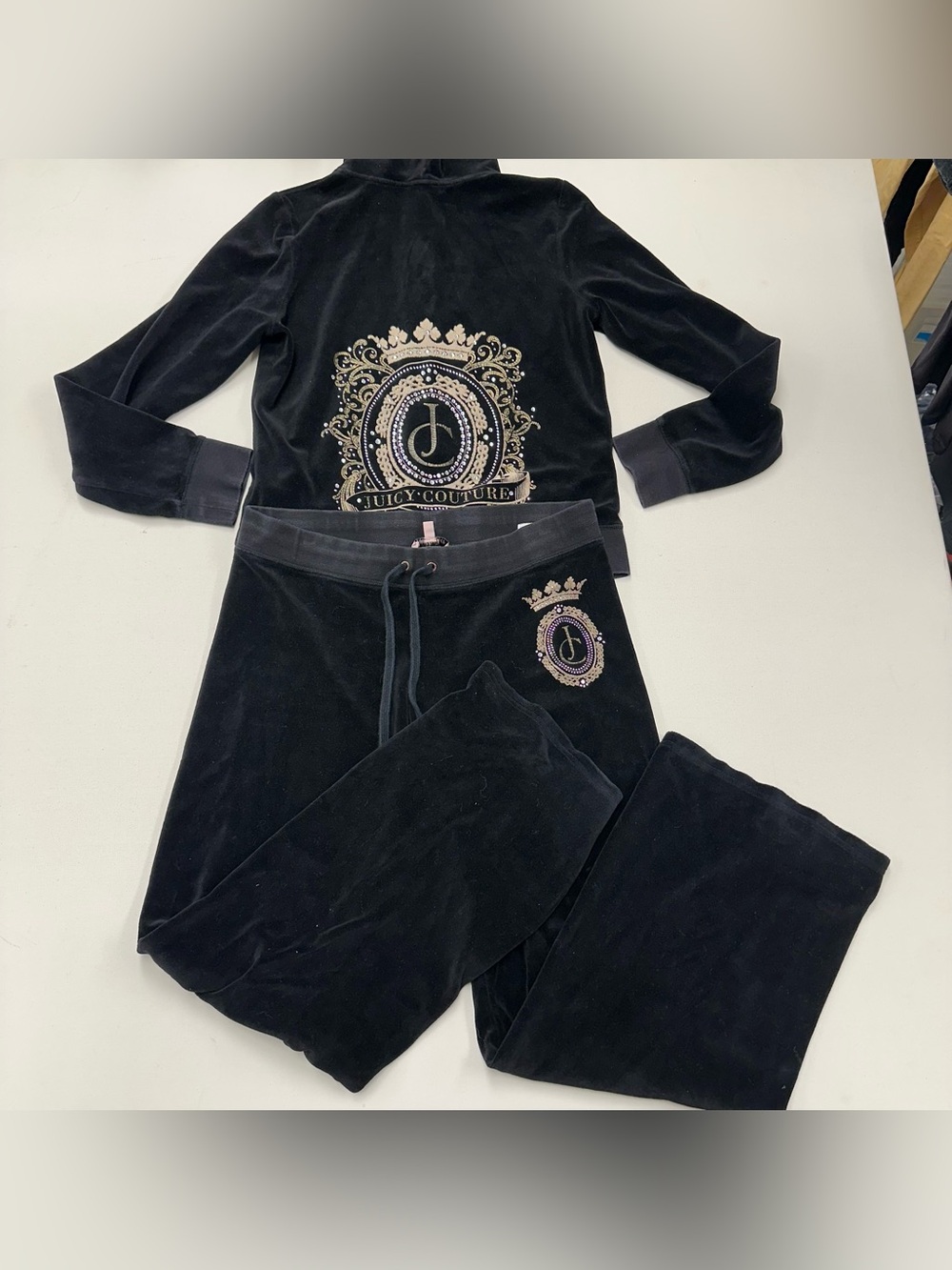 Juicy Couture Velour Tracksuit Set Straight Leg Low Rise Pants Large Hoodie XL
